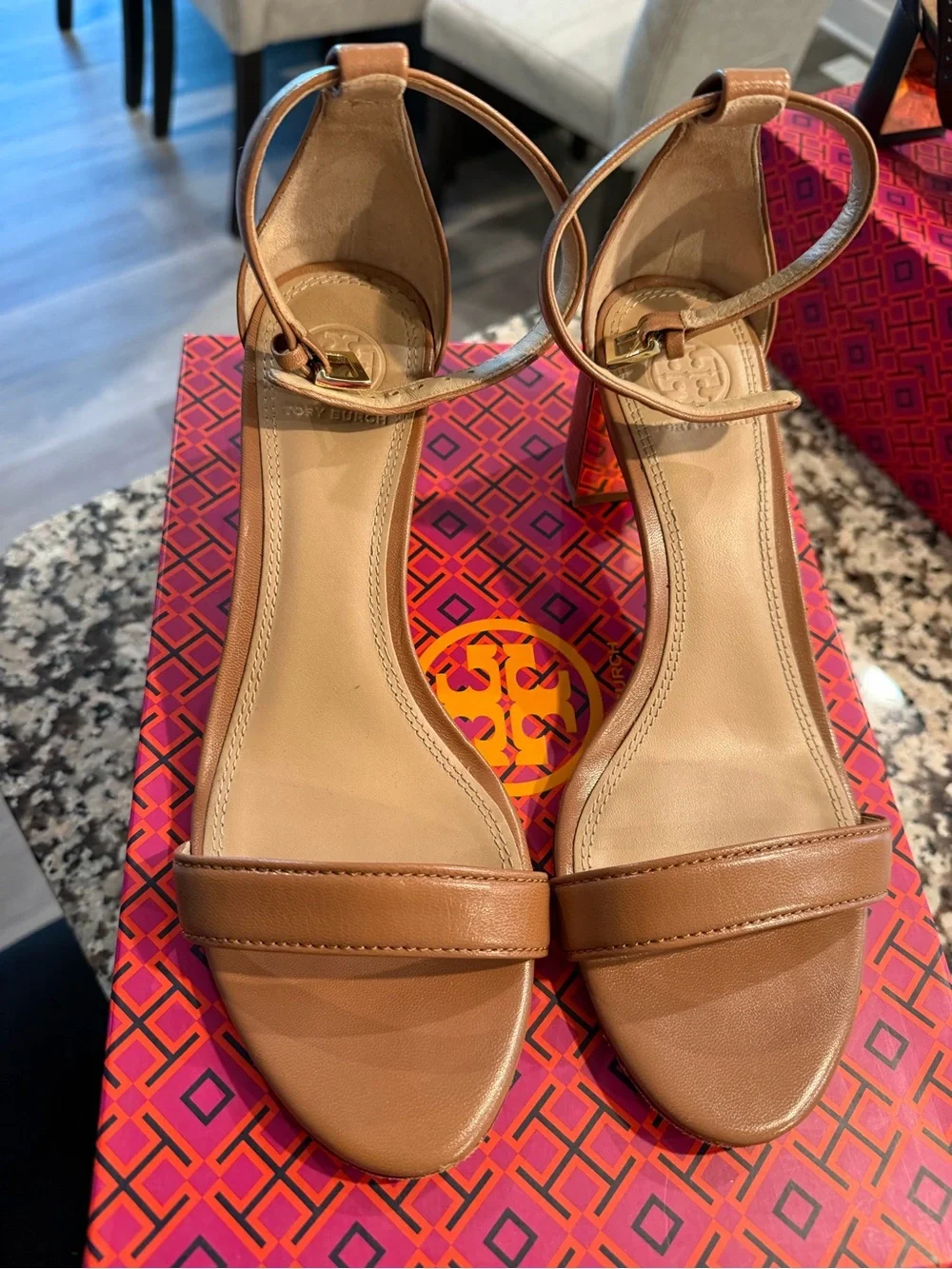 Tory Burch Tan Leather Ankle-Strap Block Heel Sandal with Gold Accent